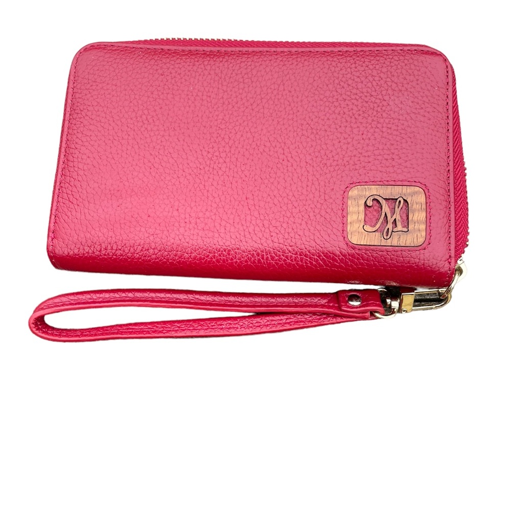 Martin & McArthur Hawaii Red Leather Wallet Wristlet Koa Wood Trim - Picture 1 of 7